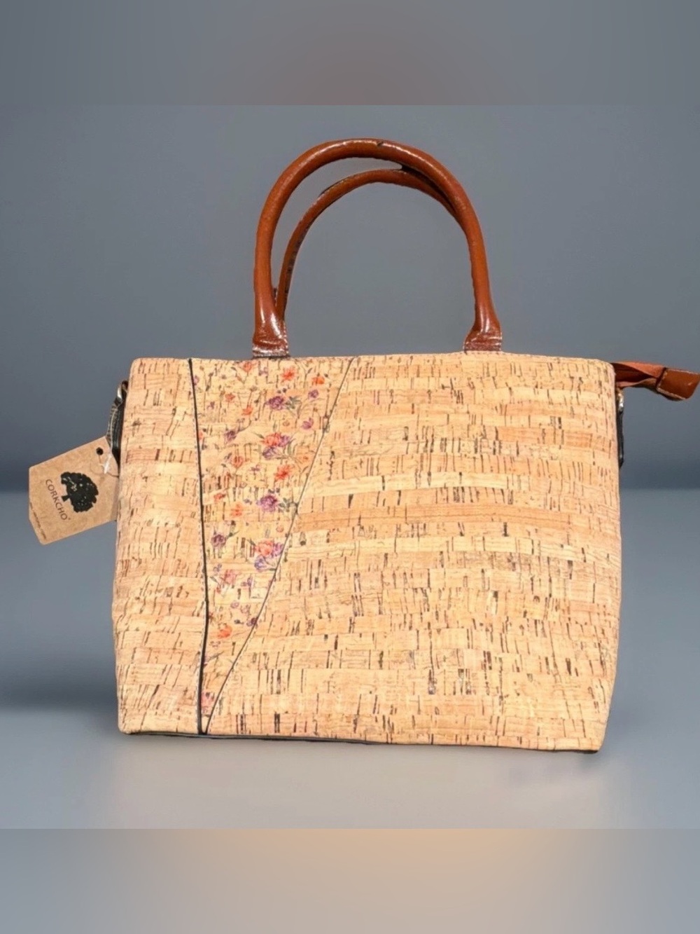 Cork Shoulder Bag with Brown Handles and Floral Accent